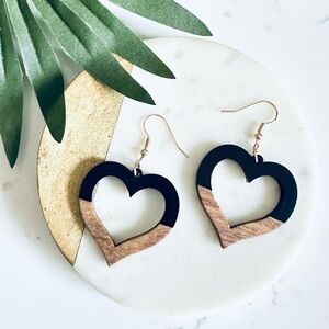 2/$30🌵 Bohemian Black Resin & Brown Wood Heart Earrings Cutout Boho Gift NEW